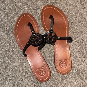 Tory Burch Black and Brown Sandals with Decorative Straps